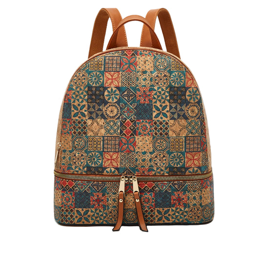 Backpack with geometric pattern and brown straps on a beige background, featuring Studio Nyssalie logo.