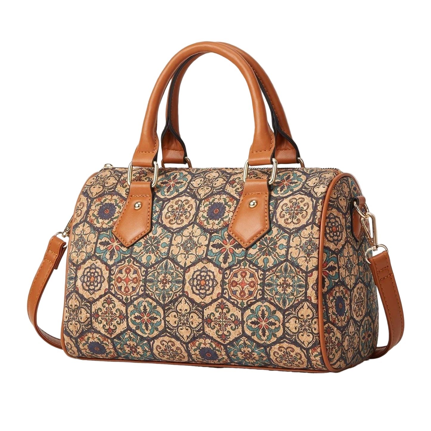 Patterned handbag with brown handles and strap on a beige background, featuring Studio Nyssalie logo.