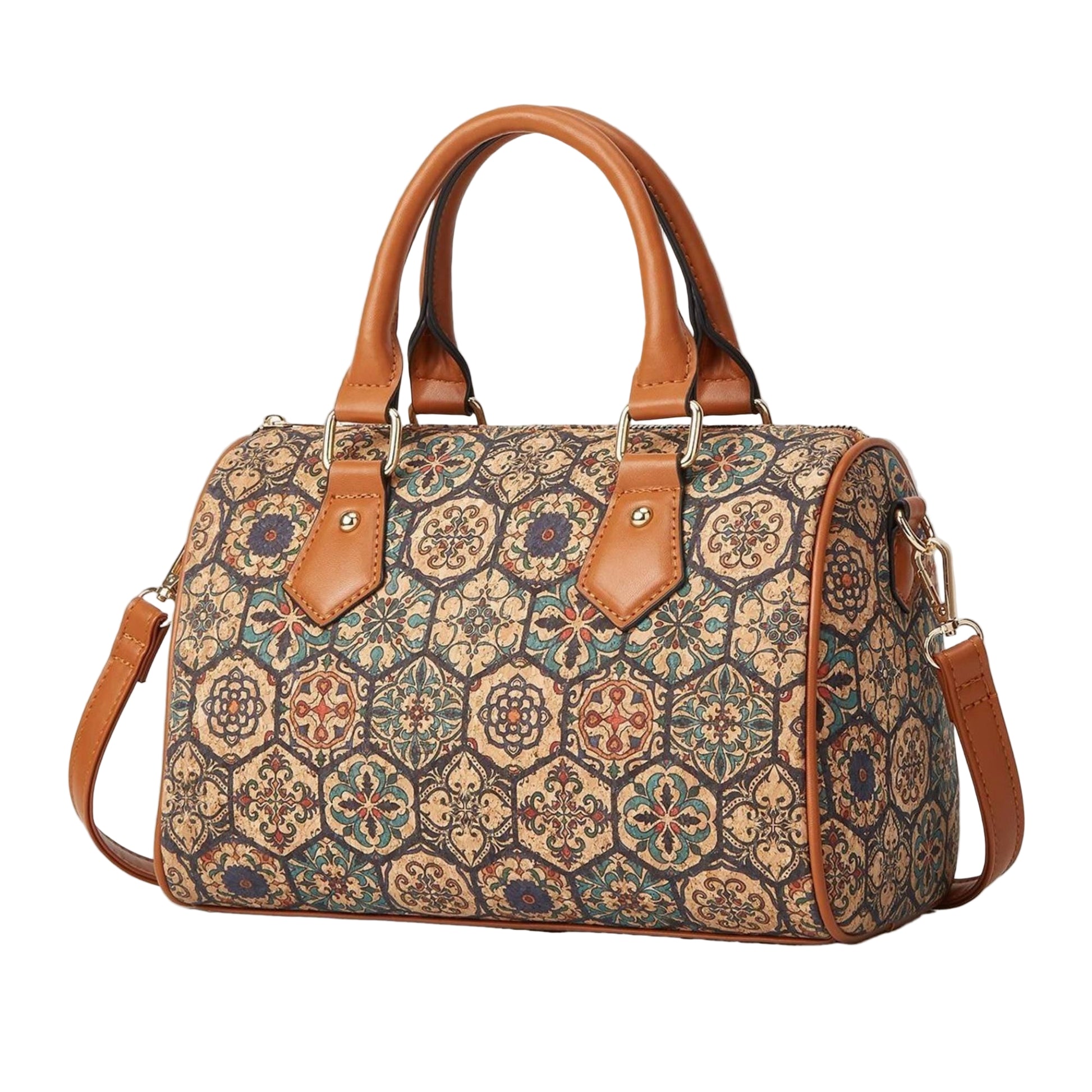Patterned handbag with brown handles and strap on a beige background, featuring Studio Nyssalie logo.