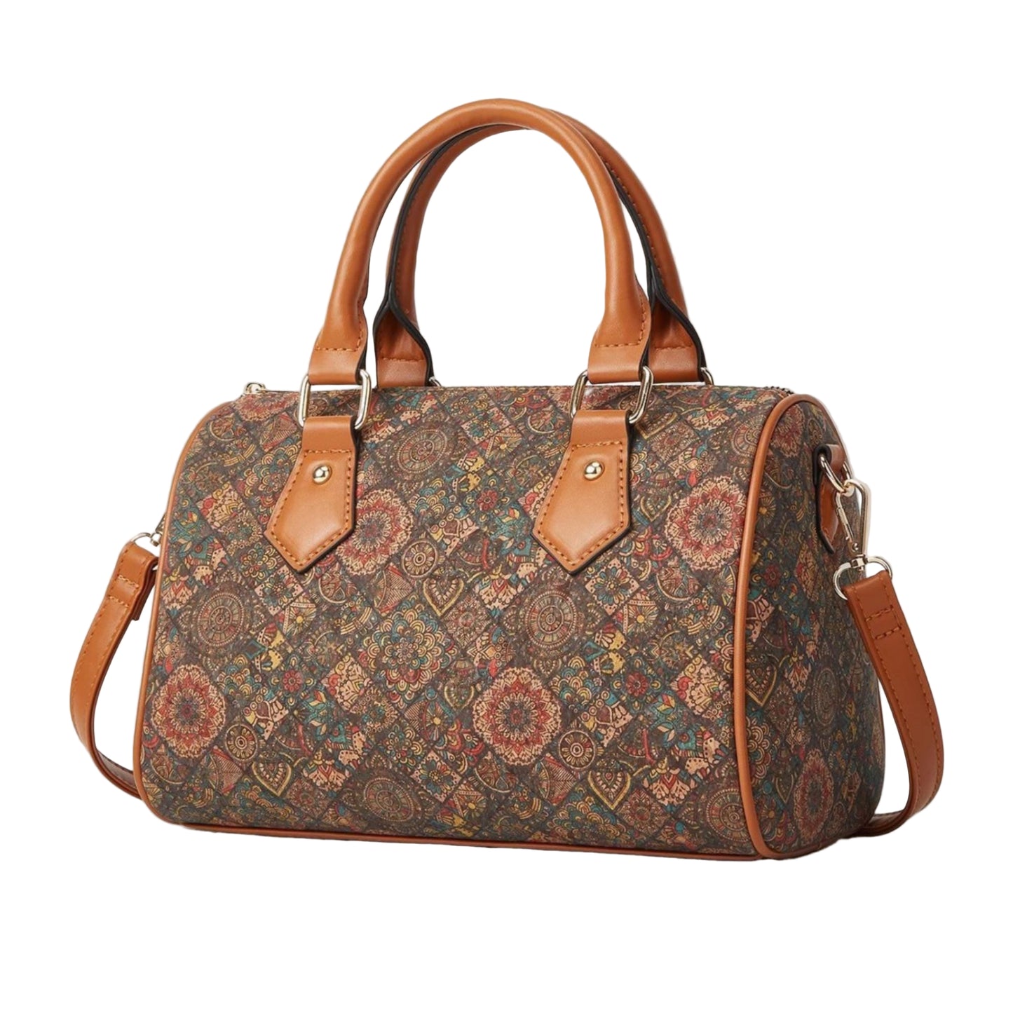 Patterned handbag with brown leather straps on a beige background, featuring Studio Nyssalie logo.