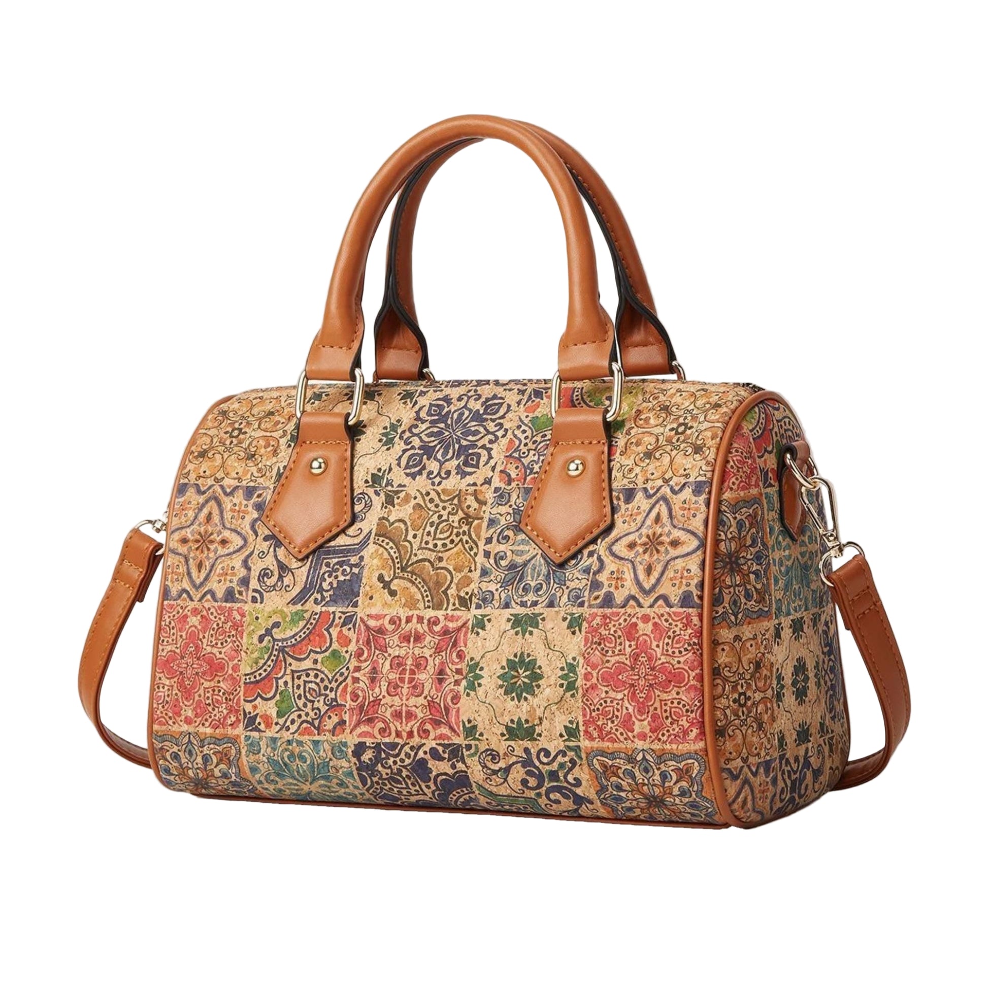 Patterned handbag with brown handles and strap on a beige background, featuring Studio Nyssalie logo.