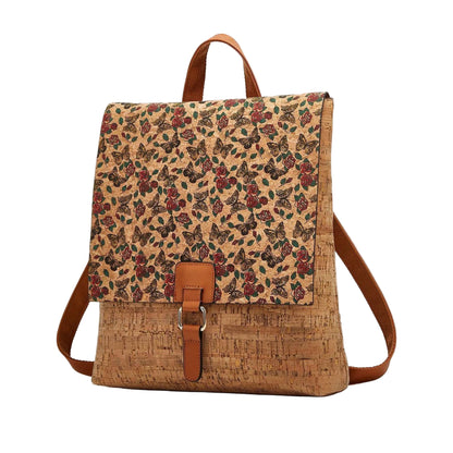 Backpack with floral pattern and cork texture on a beige background, featuring Studio Nyssalie logo.