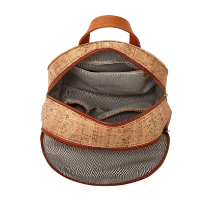Cork and gray fabric bag with visible brand logo on a beige background